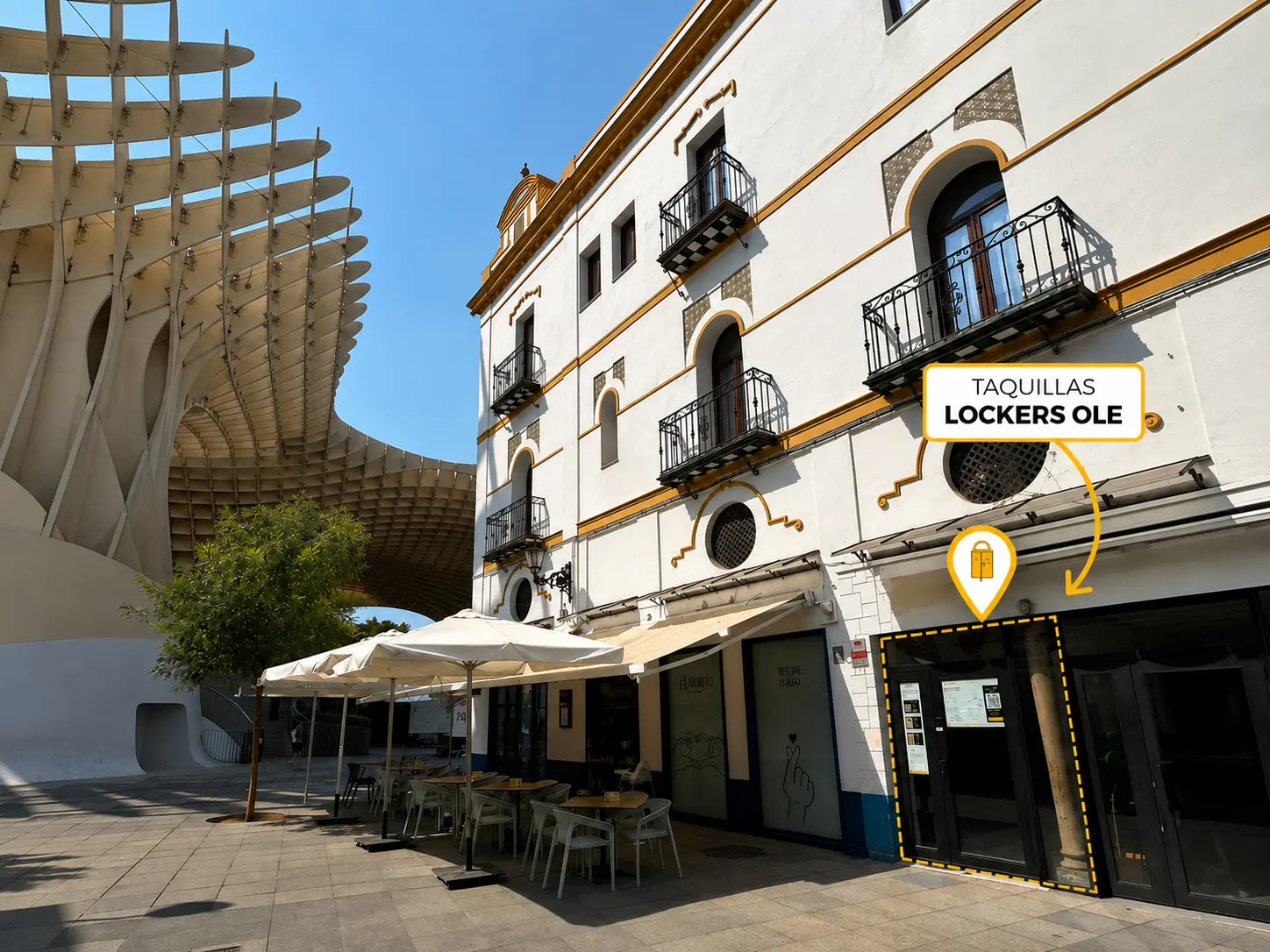 Ubicación de Lockers Olé junto a Las Setas de Sevilla, con la puerta de acceso señalada